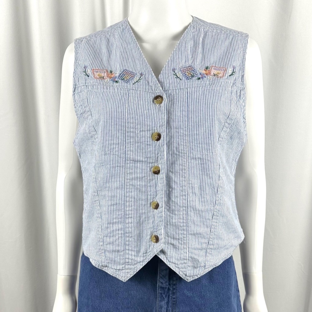 Vintage 90's ‘Solutions!’ Blue Striped Garden Seeds Patchwork Vest - S/M